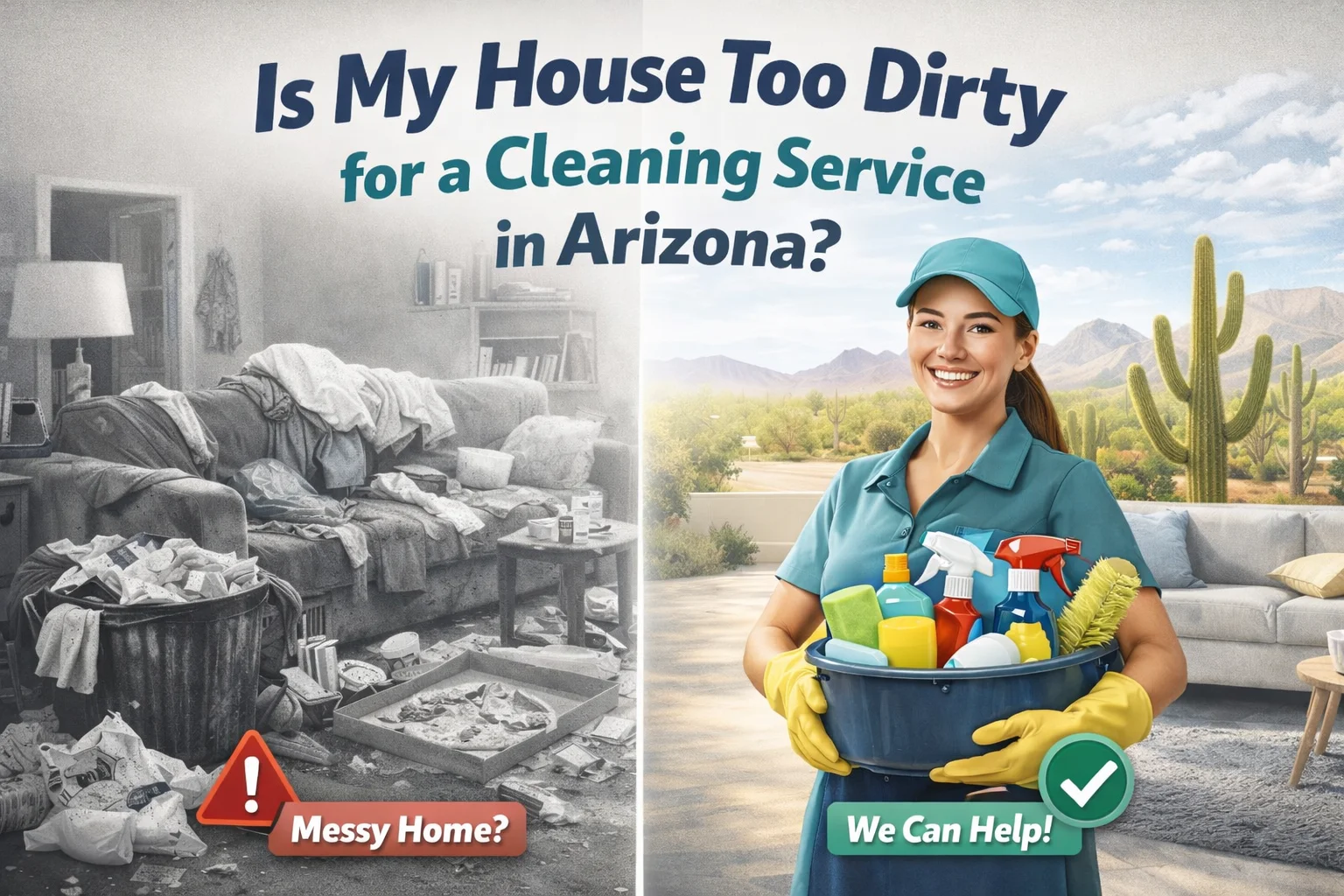 Is my house too dirty for a cleaning service comparison showing messy home and professional Arizona cleaner