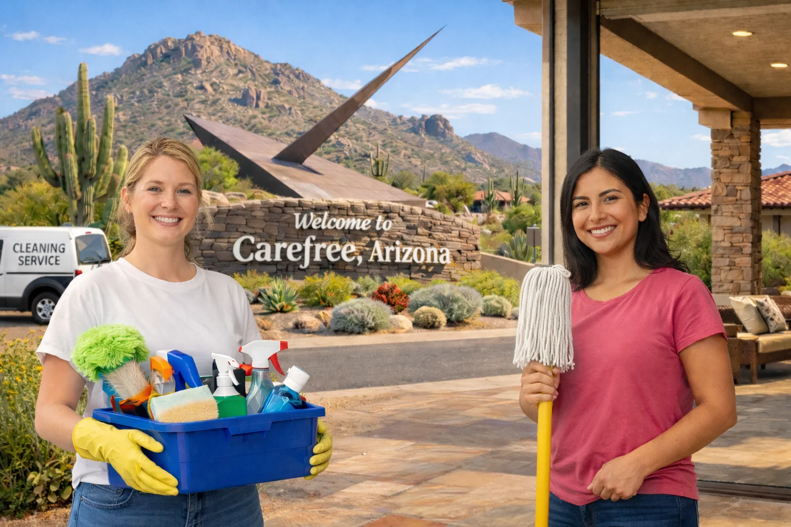 House cleaning services Carefree AZ team arriving at a home with professional cleaning supplies