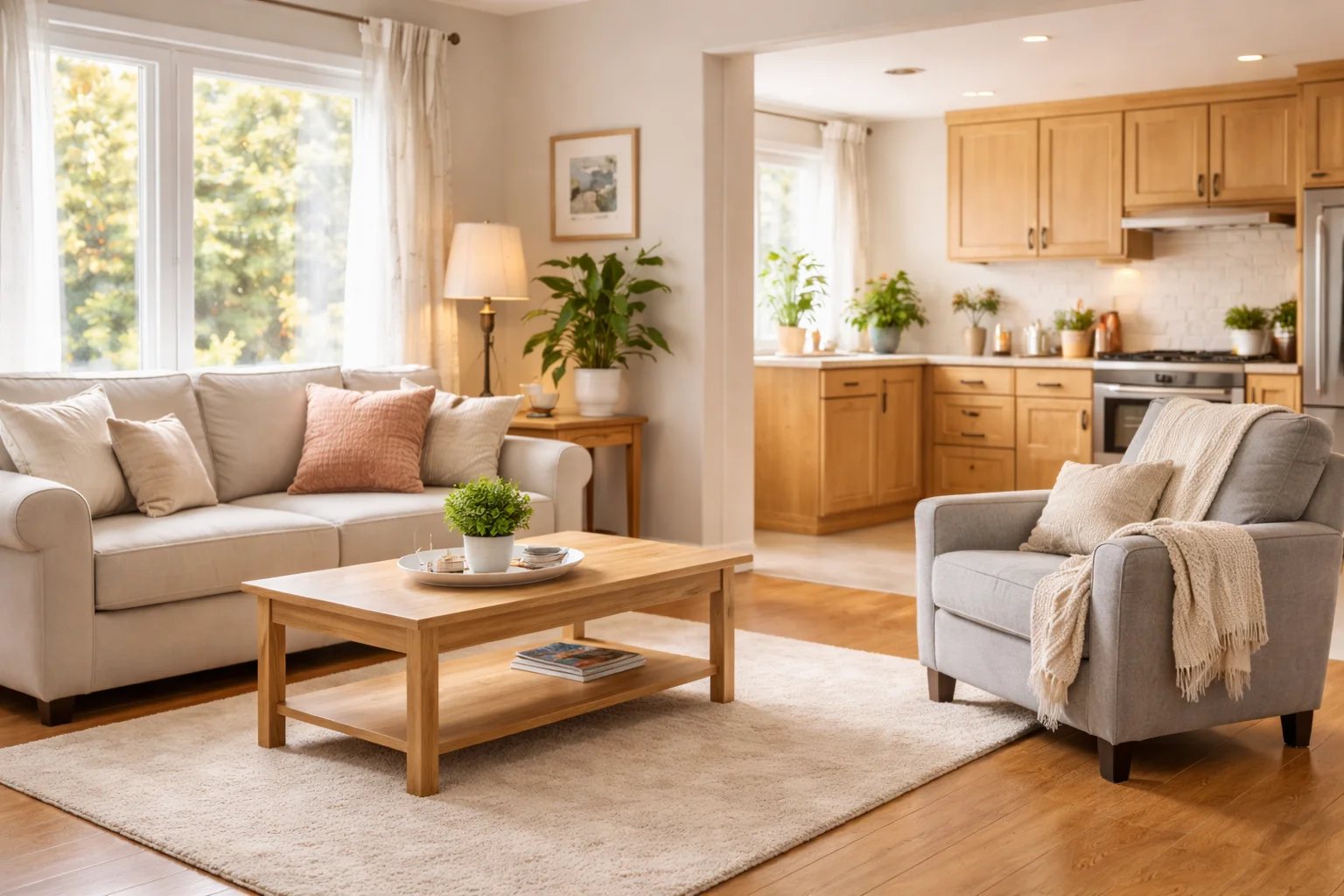 image of clean, bright living room and kitchen after professional house cleaning for seniors services