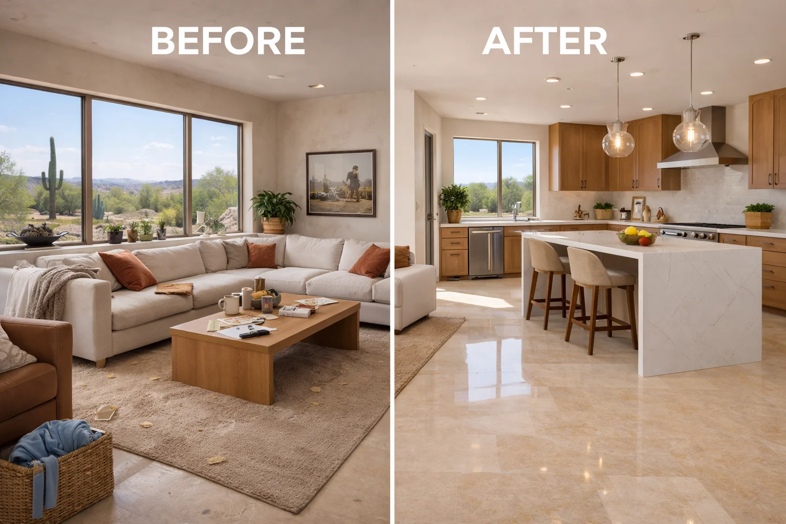 Image of house cleaning Gilbert AZ services before and after living room and kitchen transformation