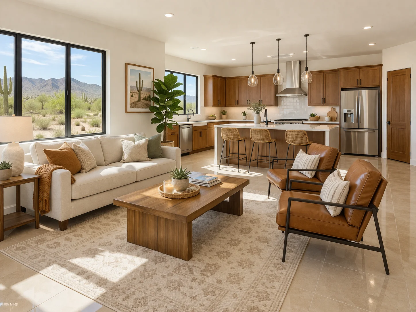 Image of house cleaning Gilbert AZ services completed in open living room with desert view and modern kitchen