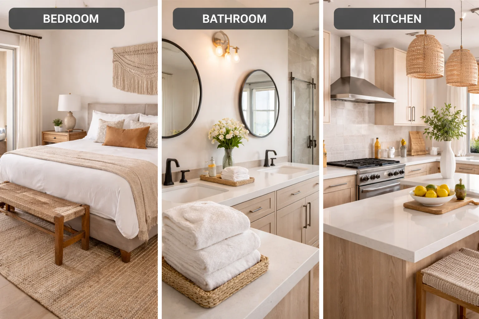 Image of a clean vacation rental bedroom, bathroom, and kitchen ready for guests