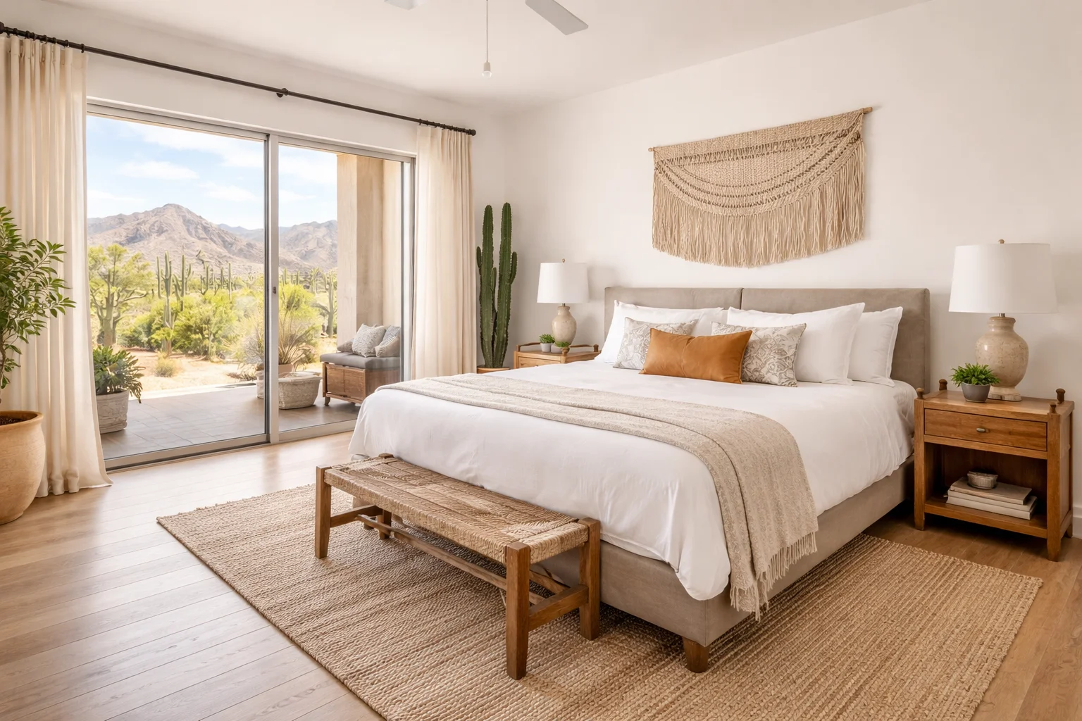 Image of a spotless Arizona southwestern vacation rental bedroom with desert mountain views