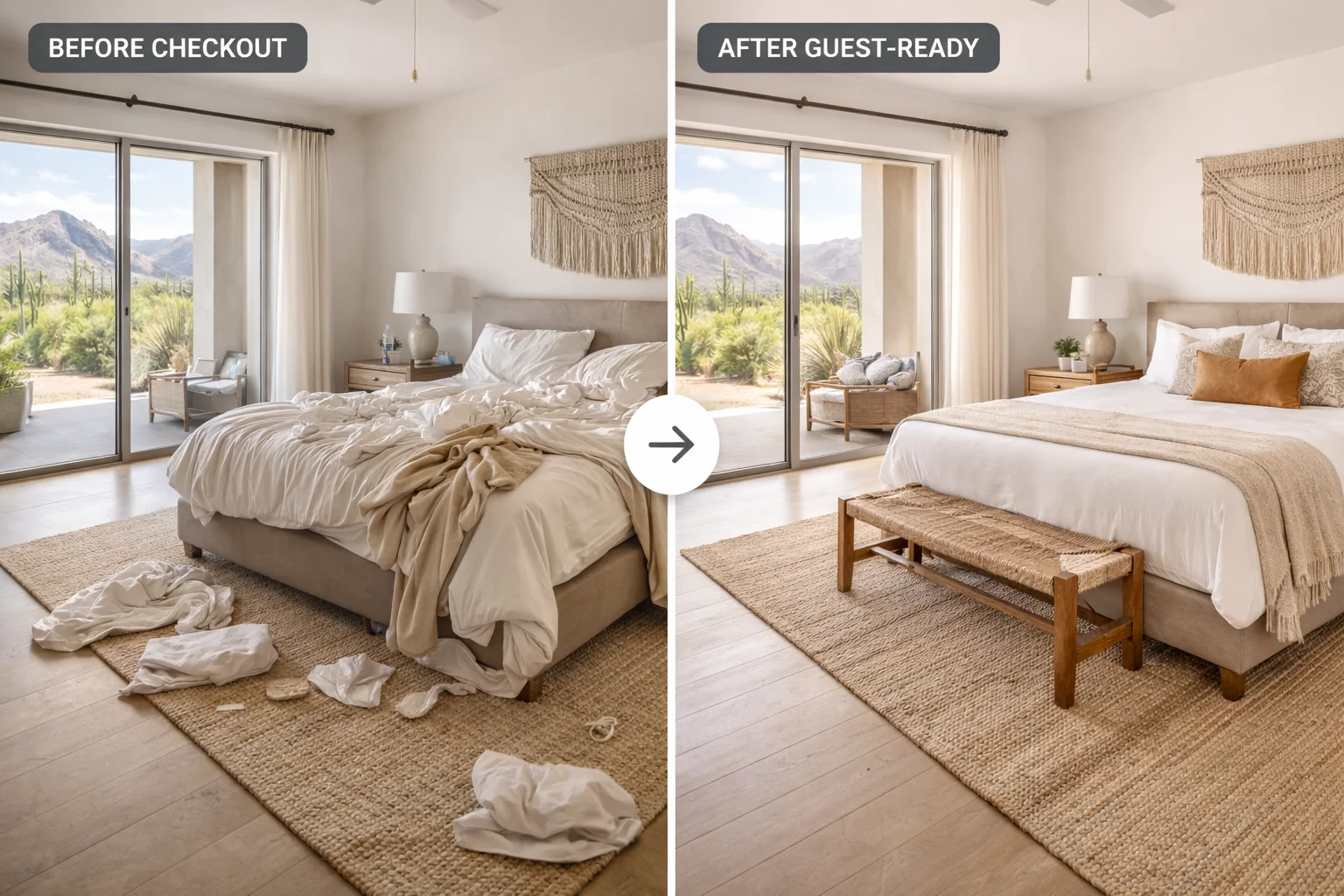 Image of a vacation rental bedroom before checkout and after a professional cleaning Arizona