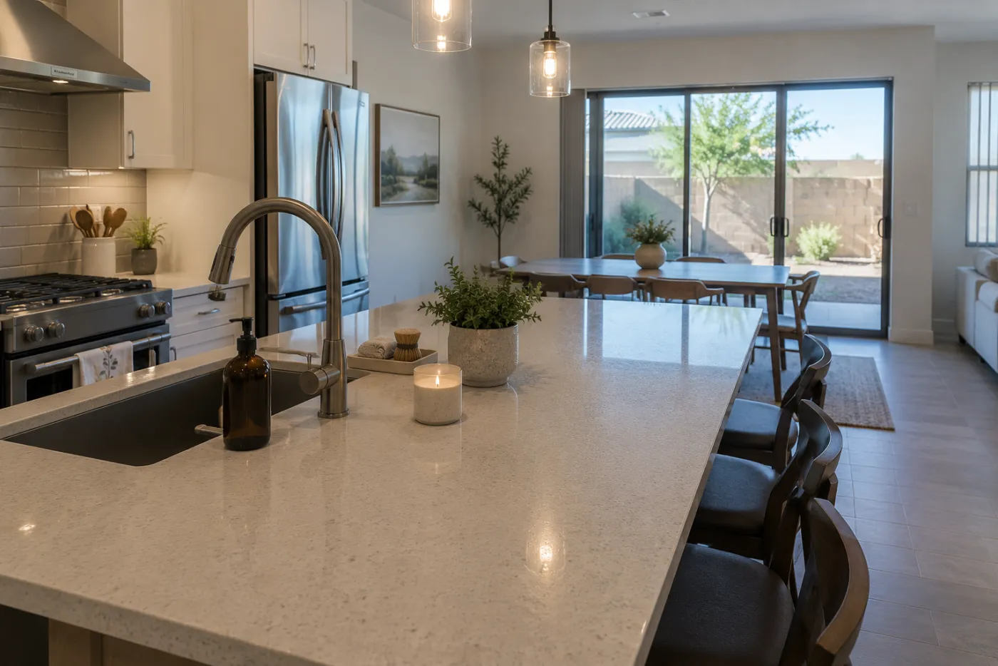Professional cleaner wiping a kitchen table