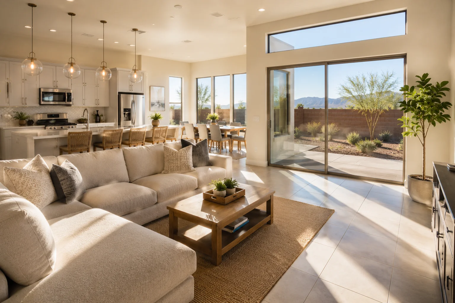 Clean open-plan Arizona living room with desert landscaping visible through sliding glass doors