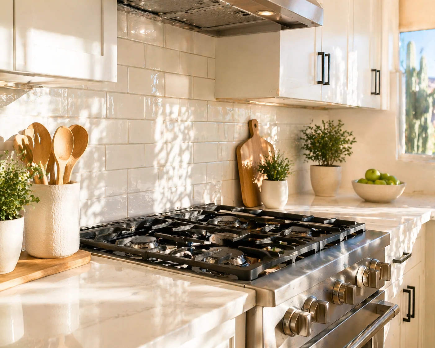 Image of a spotless kitchen with stainless steel stove and desert cactus view