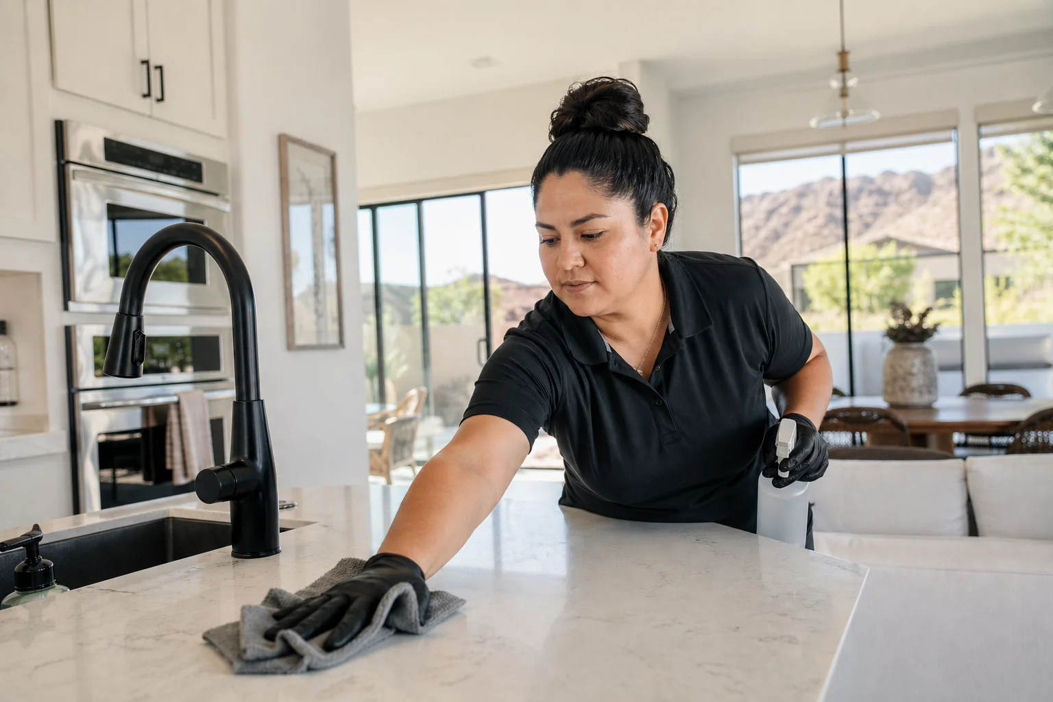 Image of house cleaning Apache Junction AZ professional wiping a marble kitchen counter