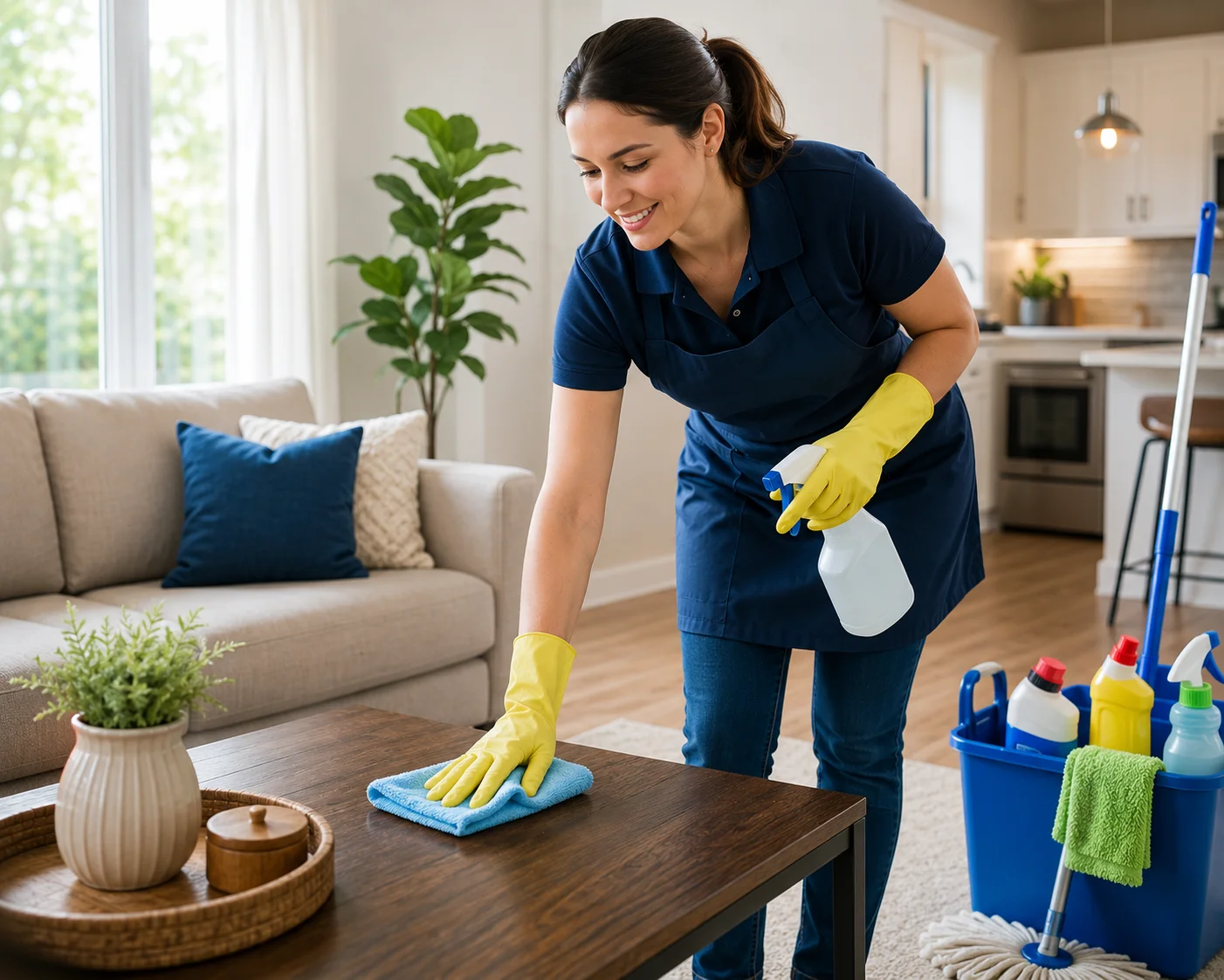 Image of house cleaning services Buckeye AZ offers with cleaner wiping living room table in a modern home