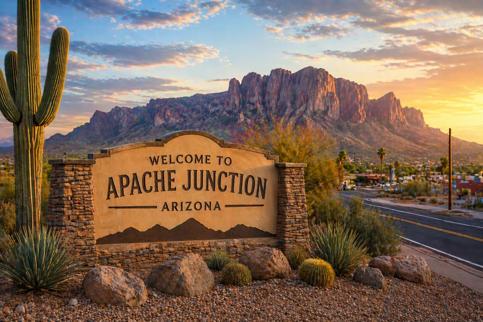 Image of the Welcome to Apache Junction Arizona sign with Superstition Mountains at sunset