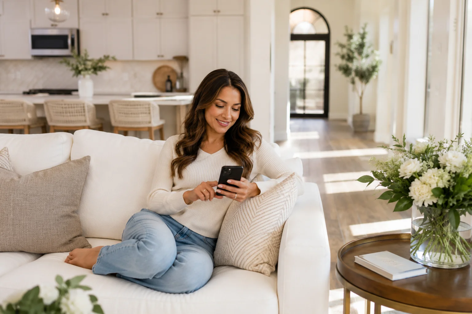 Woman relaxing on sofa using phone in a spotless bright open-plan home interior