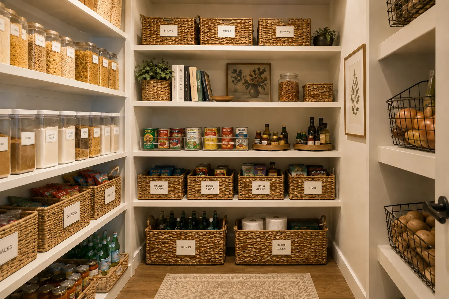 Image of a fully organized pantry with labeled woven baskets and glass jars showing home organization services cost results