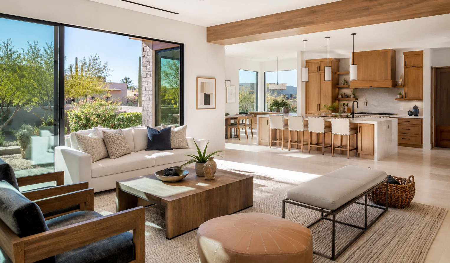 image of a bright desert-modern living room and kitchen in a Scottsdale home