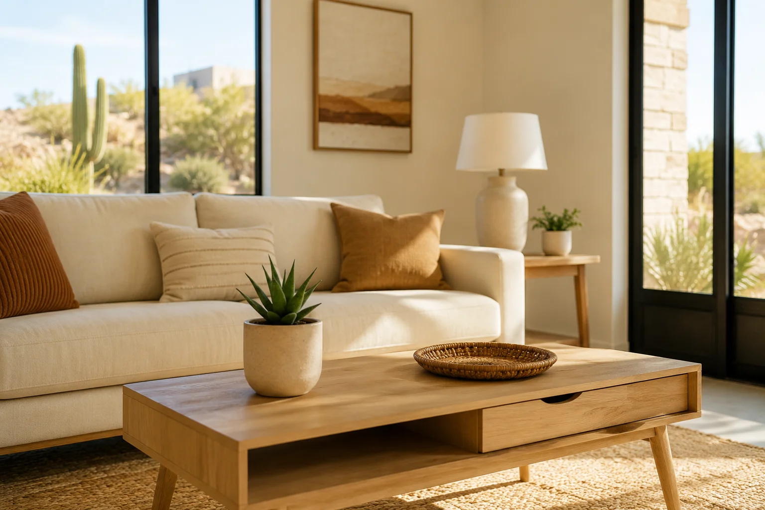 Image of a bright desert-view living room with a cream sofa and wood coffee table in an Arizona home