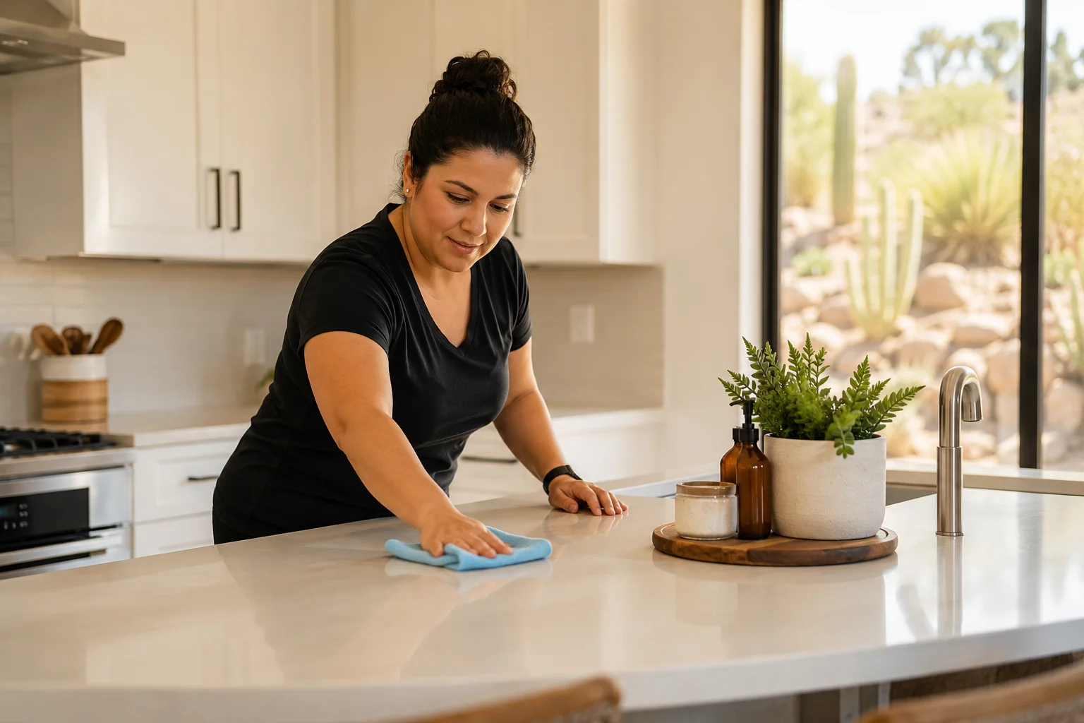 Image of a cleaner wiping a kitchen counter, reflecting the cost of weekly house cleaning services