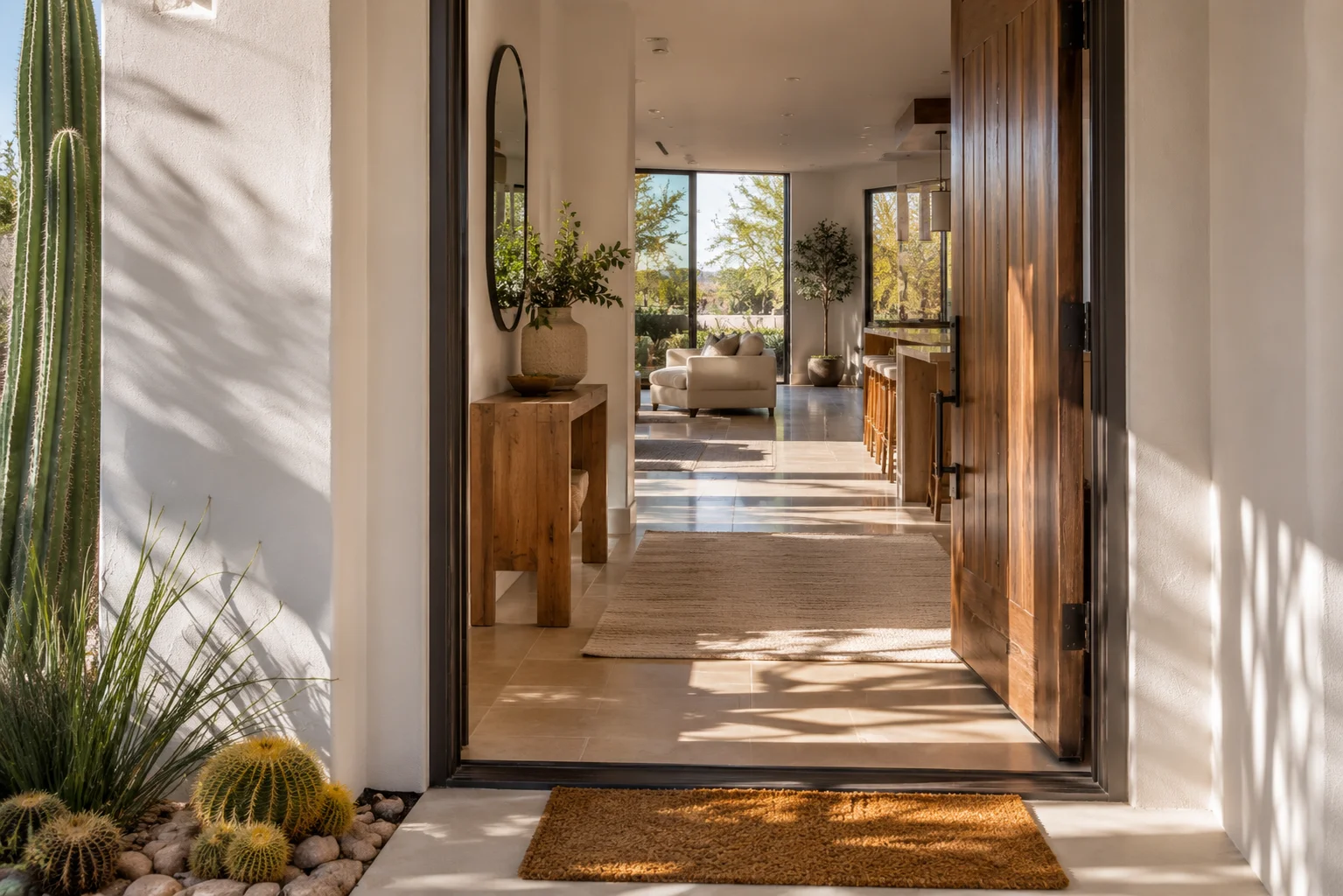 image of a sunlit entryway with desert cactus landscaping in a Scottsdale AZ home