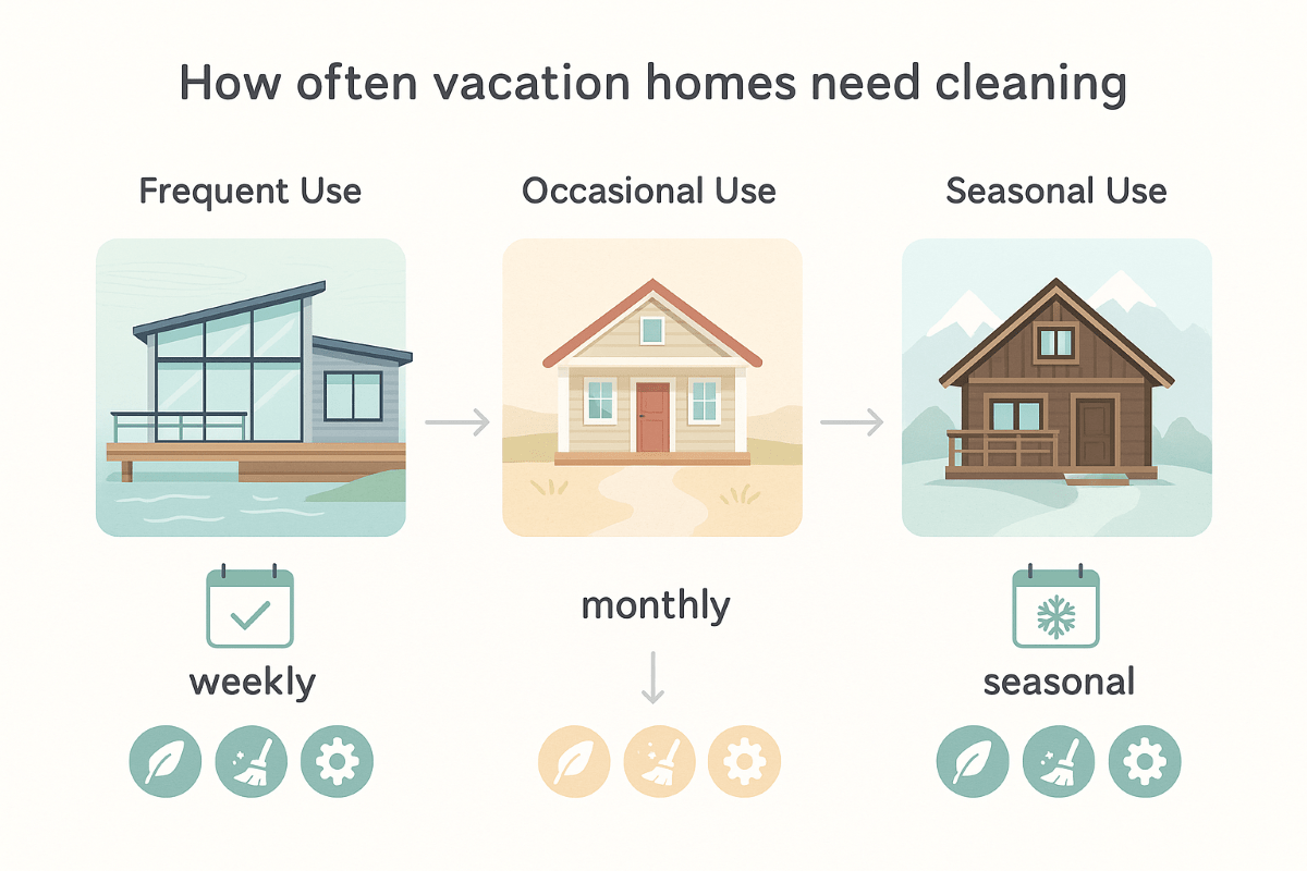 Infographic with three sections showing recommended cleaning intervals for vacation homes: contemporary lake cabin for frequent use, beach cottage for occasional use, mountain chalet for seasonal use. Includes cleaning icons, pastel backgrounds, arrows, and subtle textures on a white background.