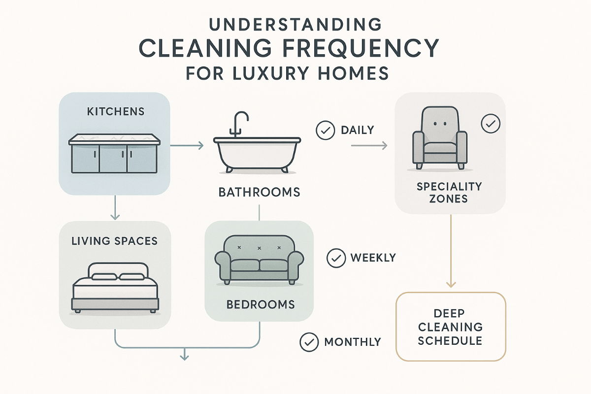 Minimalist infographic shows cleaning schedules for luxury home areas like kitchens, bathrooms, living spaces, bedrooms, and specialty zones using modern icons, colored zones, and frequency indicators. A gold-bordered diagram highlights deep cleaning. Layout is spacious, high-end, and educational, emphasizing clarity and organization.