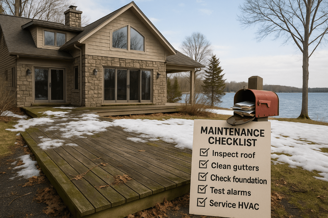 Luxurious lakefront second home exterior in early spring with melting snow, moss patches, weathered deck, overflowing mailbox, windblown debris, and a visible property maintenance checklist emphasizing the importance of off-season home care for second properties.