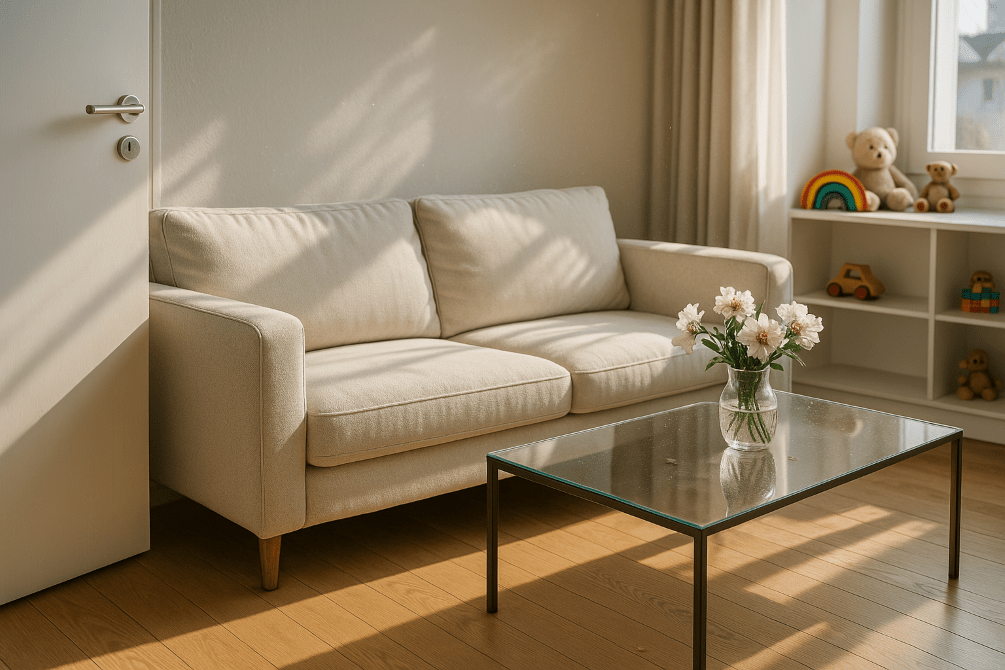 Sunlit modern living room with a pristine ivory sofa, spotless hardwood floor, and subtle signs of daily use; dust motes, faint fingerprints, a crumb, tidy toys, and fresh flowers, emphasizing the ongoing need for maintaining home cleanliness between professional cleanings.