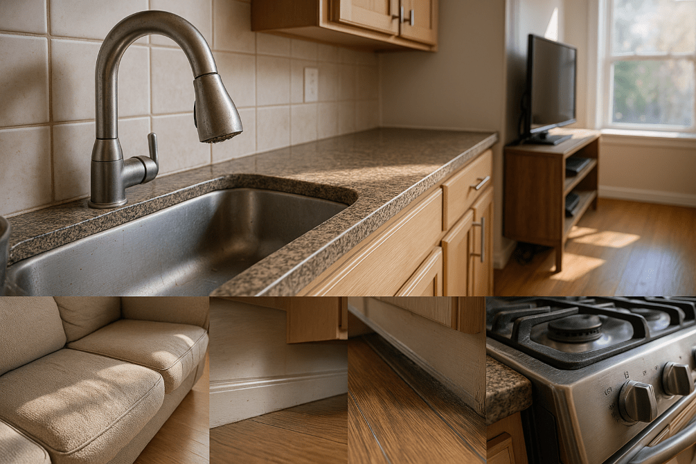 Sunlit modern kitchen and living area showing commonly missed cleaning spots: grimy kitchen faucet underside, dusty baseboards, sticky stovetop knobs, smudged cabinet handles, sofa crevice crumbs, dust behind cables, and film on windowsills. Surfaces display realistic wear and everyday imperfections.