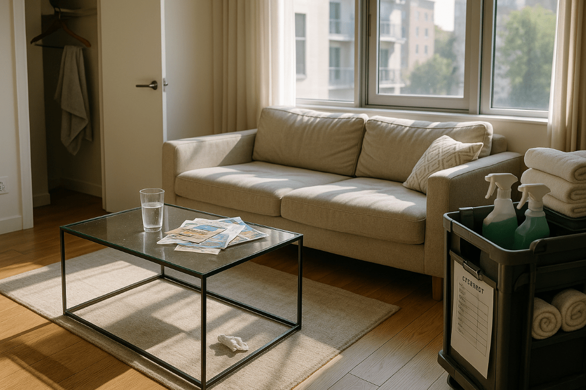 Bright modern living room post short-term rental stay, showing subtle mess, guest impressions on sofa, fingerprints on glass table, half-empty water glass, crumpled brochures and napkin, open closet with towel, and a housekeeping cart with supplies partially visible for cleaning needs context.