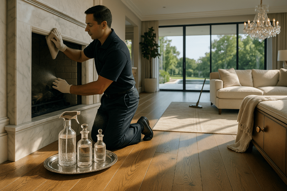 Professional cleaner polishes marble fireplace in a sunlit, modern luxury home. Artisanal cleaning products, gleaming hardwood floors, plush velvet furnishings, and a crystal chandelier highlight meticulous care, refined materials, and elegant attention to detail throughout the sophisticated living space.