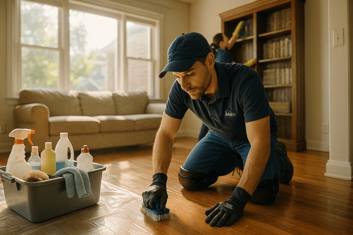 Two professional cleaners performing turnover cleaning in a sunlit rental home's living room, one scrubbing hardwood floors, the other dusting a high bookshelf. Cleaning supplies, dust particles in sunlight, and subtle wear emphasize the importance of detailed, professional cleaning for property owners.