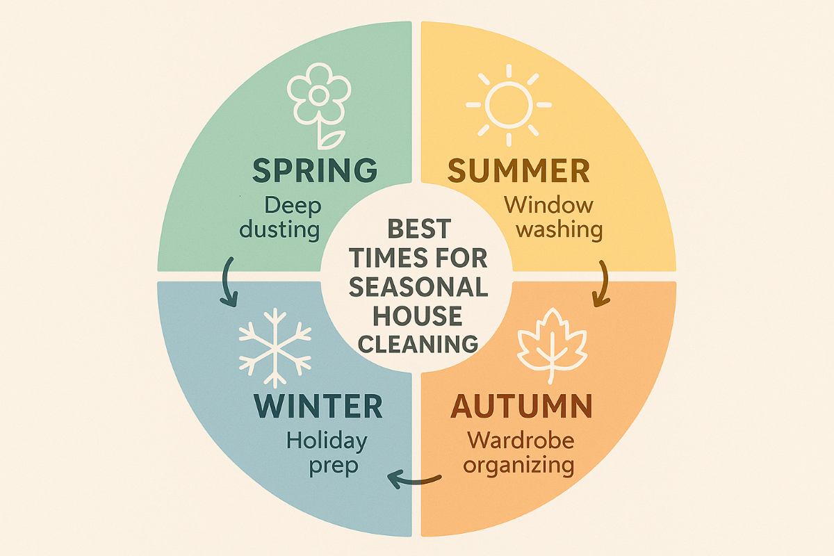 Circular infographic illustrating the best seasonal house cleaning times, divided into spring, summer, autumn, and winter, with pastel segments. Sections feature labeled icons for tasks like deep dusting, window washing, wardrobe organizing, and holiday prep, connected by arrows and lines for clarity.
