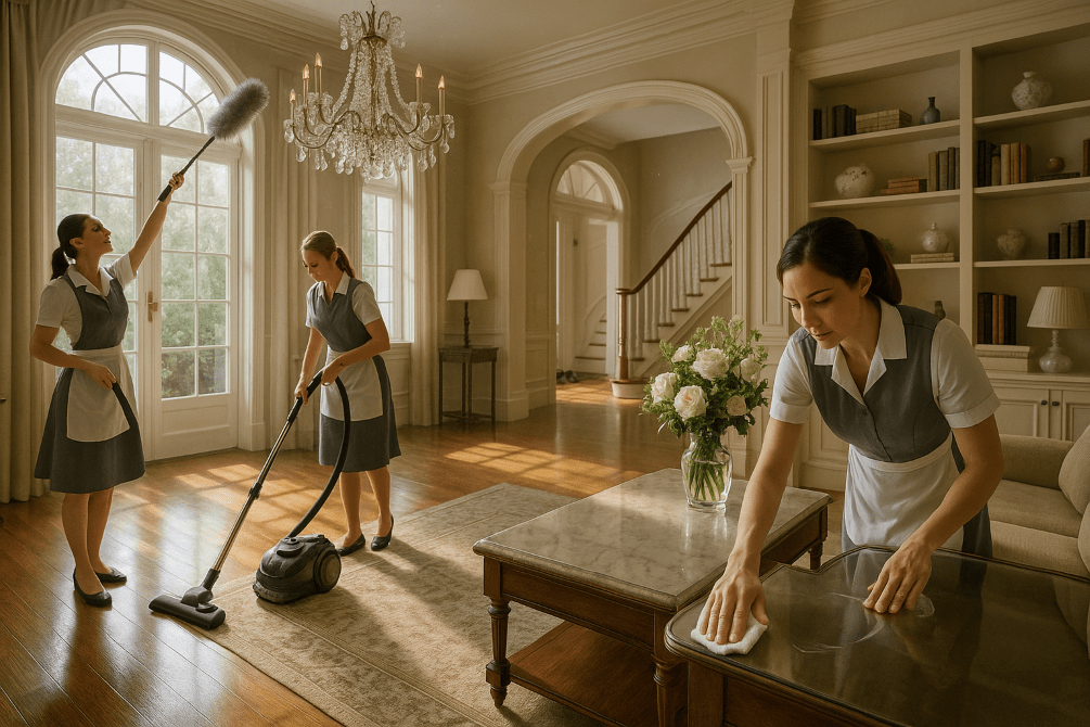 Maids in modern uniforms clean and organize a spacious, sunlit luxury living room, dusting a chandelier, vacuuming a plush rug, and arranging fresh flowers. The elegant room features polished hardwood floors, grand windows, and highlights the efficiency of professional maid service in large homes.