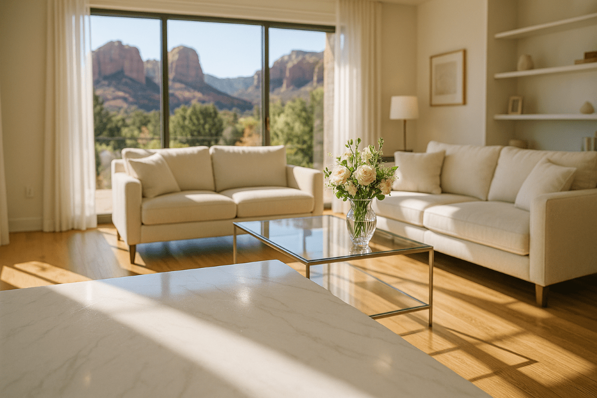 Immaculately clean, modern living room sunlit through spotless windows, pristine marble countertop, polished hardwood floor, arranged cream sofas, and glass coffee table. Subtle details include fresh flowers, chrome fixtures, and Sedona red rocks outside.