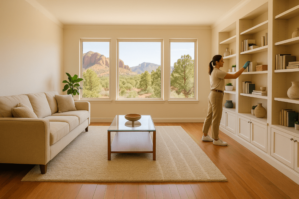 A bright, spotless modern living room in Yavapai County with sunlight streaming through large windows, a cleaning professional dusting shelves, vacuumed rug, and scenic red rock landscape visible outside, highlighting the benefits of professional residential cleaning services.