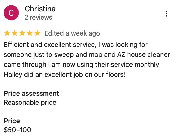 5-star Google review from Christina on AZ House Cleaner's monthly sweep and mop service