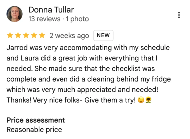 5-star Google review from Donna Tullar praising AZ House Cleaner's service and fair pricing