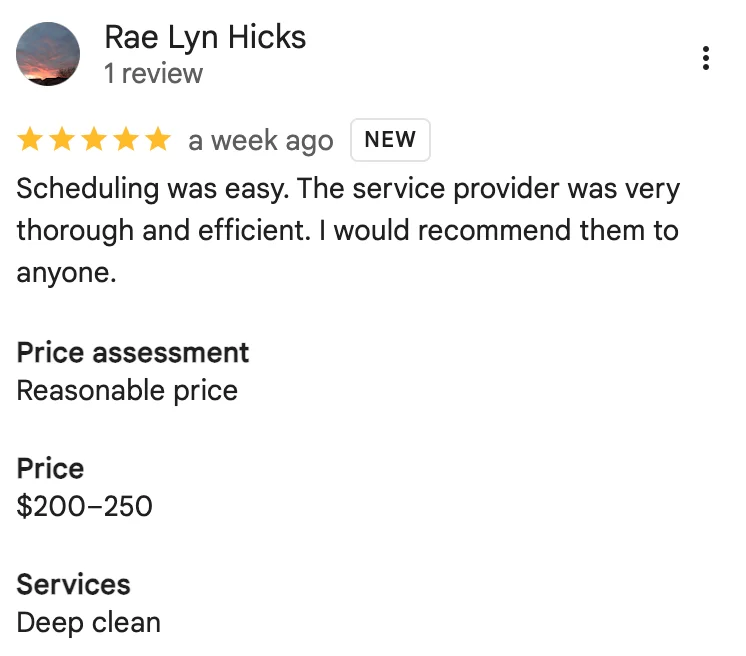 5-star Google review from Rae Lyn Hicks on AZ House Cleaner's deep clean service