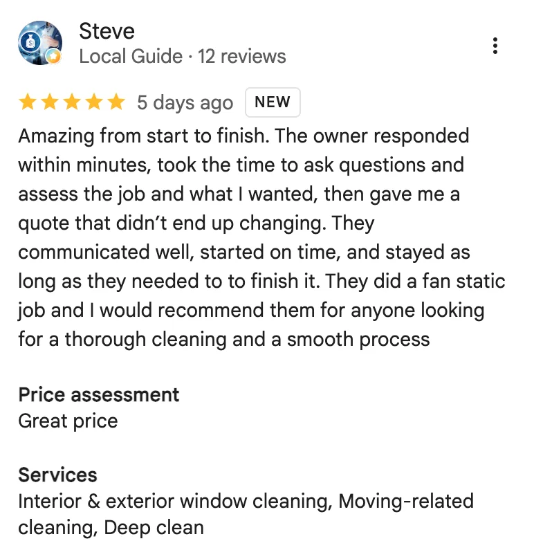 5-star Google review from Steve on AZ House Cleaner's window and moving cleaning services