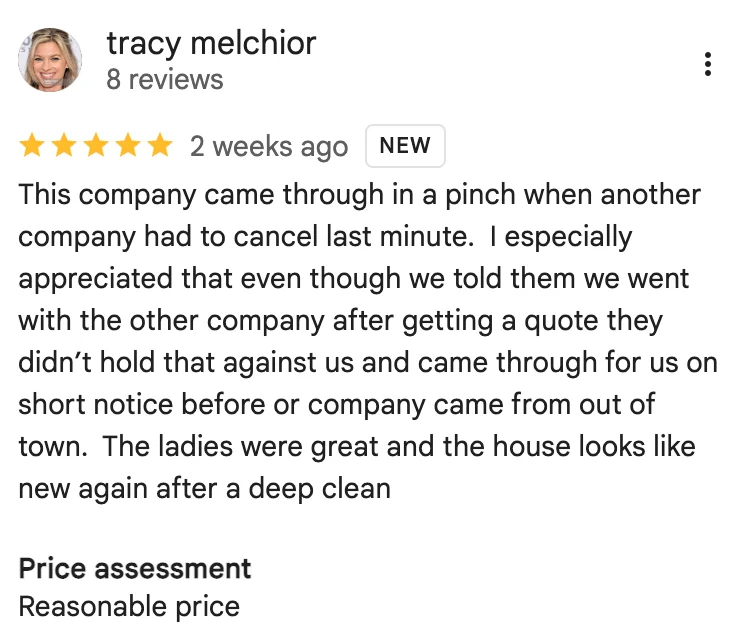 5-star Google review from Tracy Melchior about a last-minute deep cleaning by AZ House Cleaner