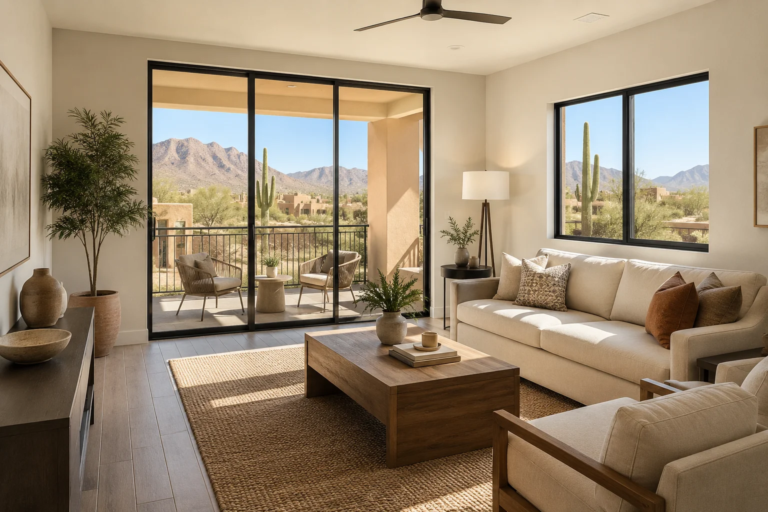 image of clean condo living room with Arizona desert mountain view