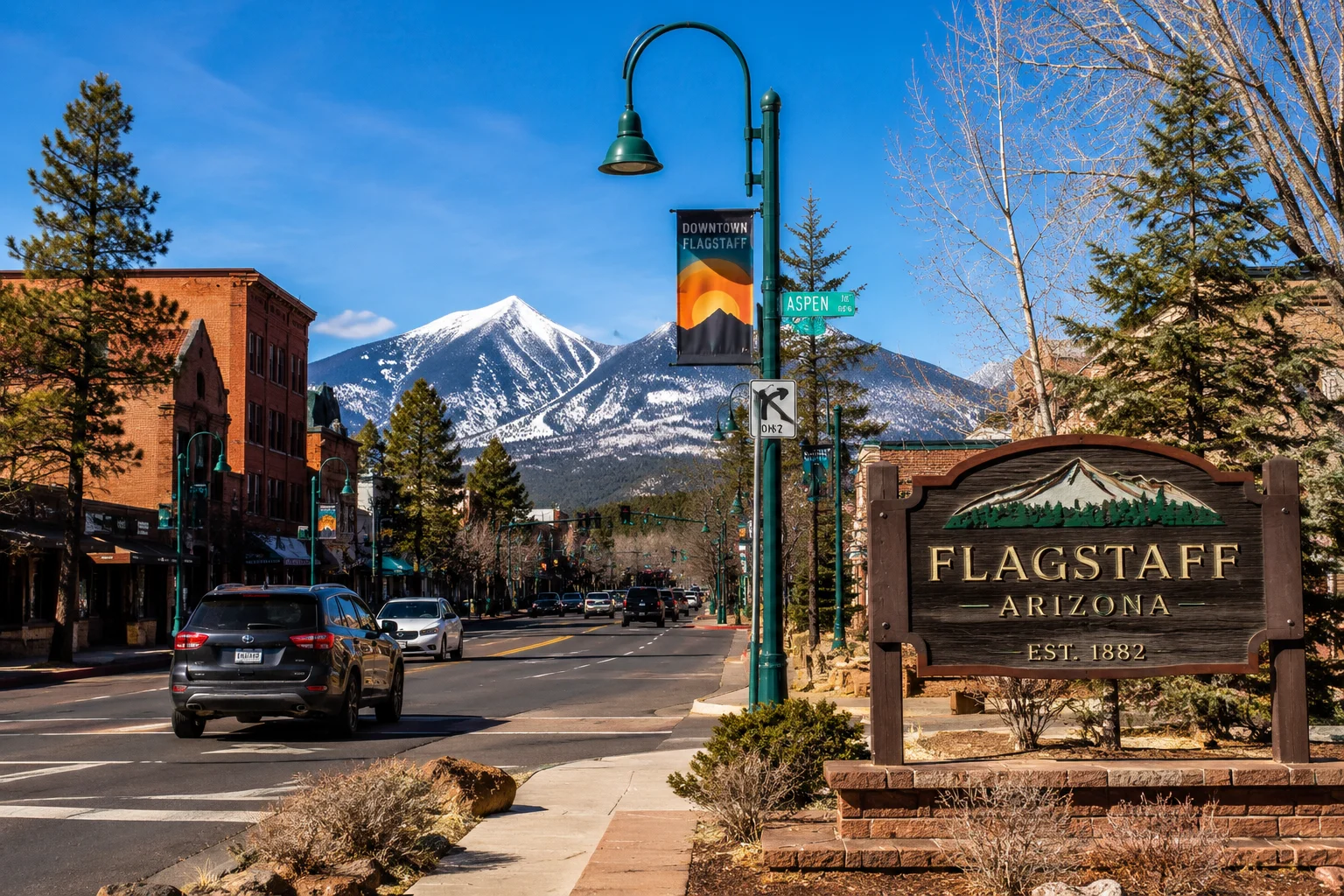 Image of downtown Flagstaff, Arizona with snow-capped mountains in the background