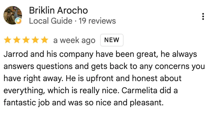Image of five-star Google review calling out Jarrod's responsiveness