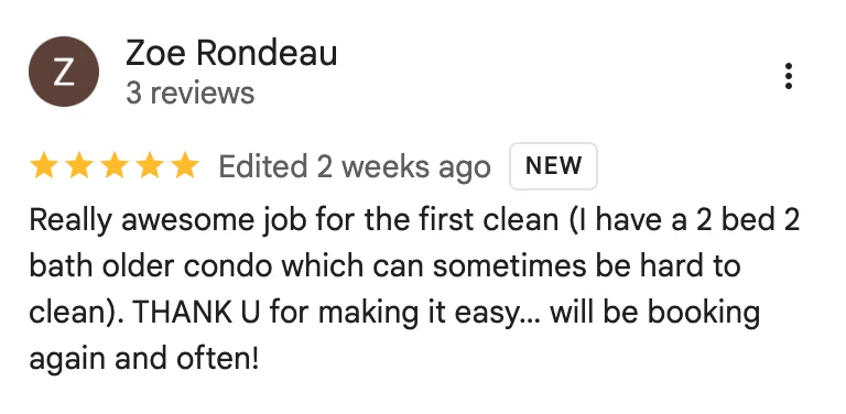 Image of five-star Google review of a two-bed condo first cleaning