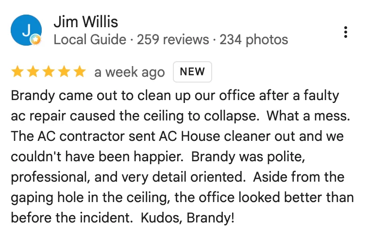 Image of five-star Google review of AZ House Cleaner's office cleanup