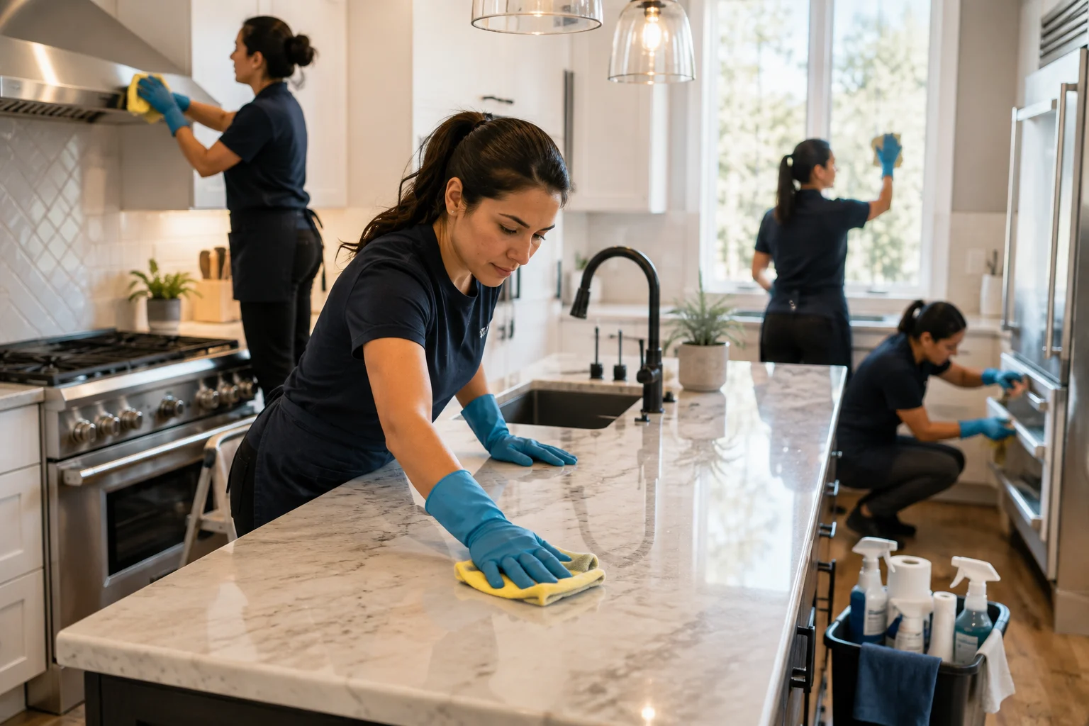 Image of Flagstass house cleaning services wiping down countertops, appliances, and windows in a kitchen
