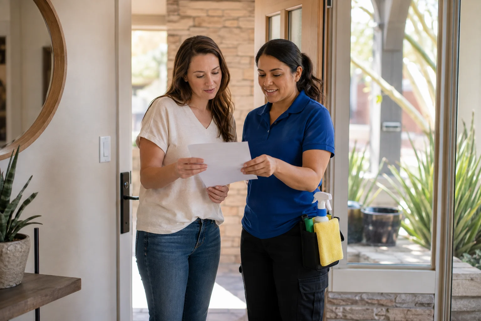 Image of homeowner reviewing cleaner's insurance proof before hiring