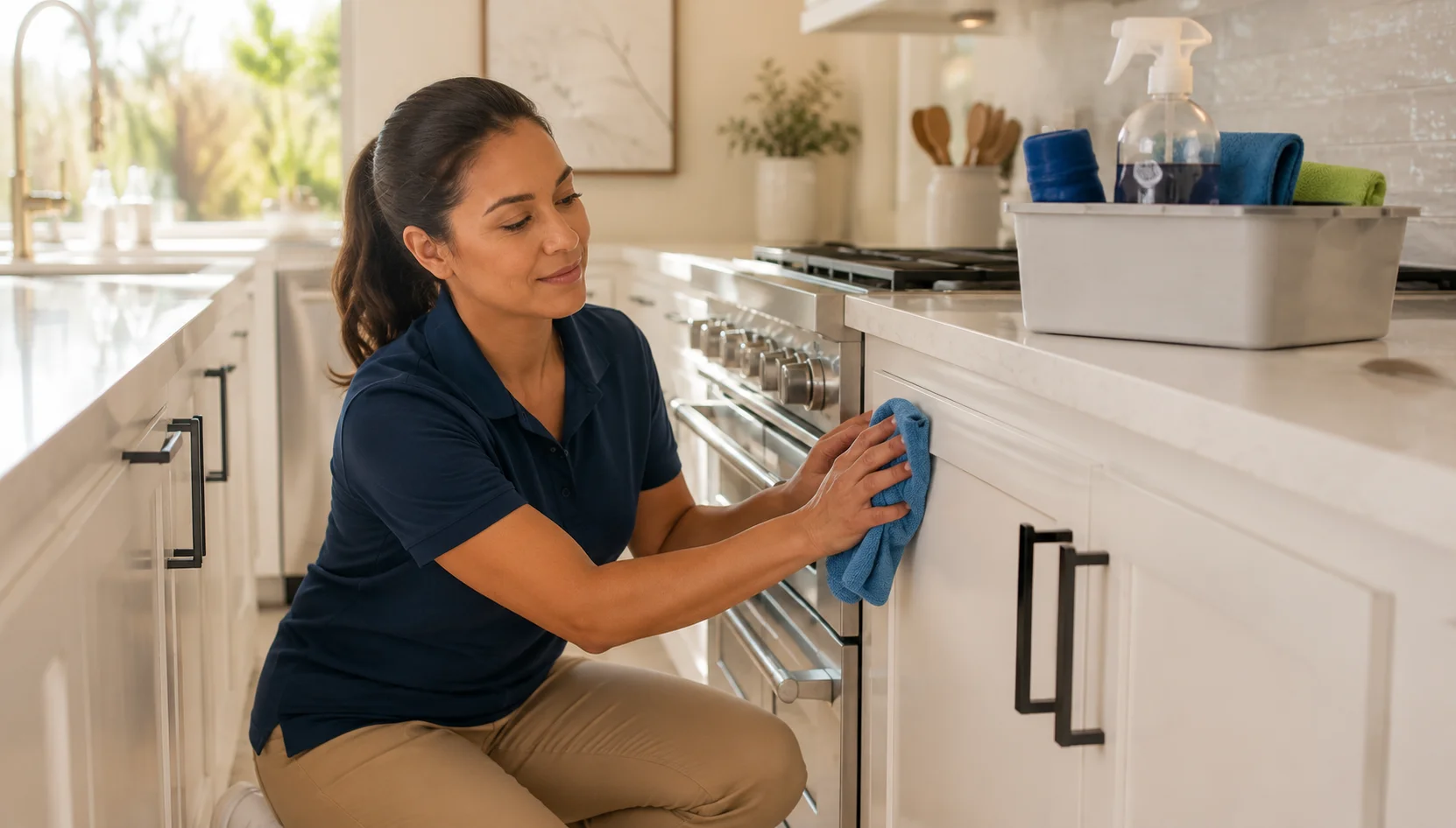 House cleaning services in Chandler AZ cleaner wiping oven front