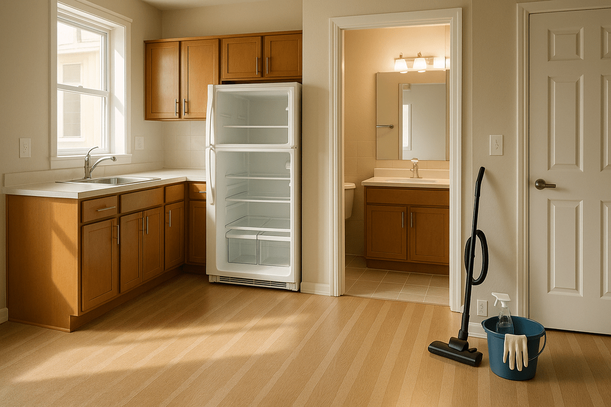 Empty apartment after move-out cleaning, with spotless kitchen and bathroom in one bright scene. Clean counters, shiny sink and stovetop, open refrigerator, sparkling mirror and shower, vacuumed floors, and tidy cleaning tools highlight switches, handles, baseboards, corners, and fingerprint-free doors.