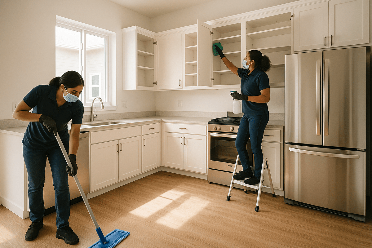 Professional cleaners deep-clean an empty sunlit home, wiping open kitchen cabinets and mopping hardwood floors beside spotless appliances.