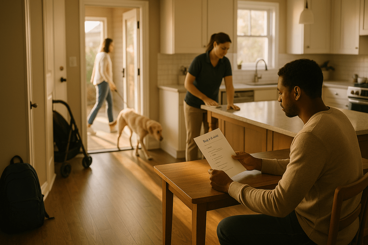 Parent checks a daily schedule at a kitchen island while a cleaner tidies the bright kitchen; a backpack, stroller, and dog at the back door suggest a cleaning visit arranged around family routines.