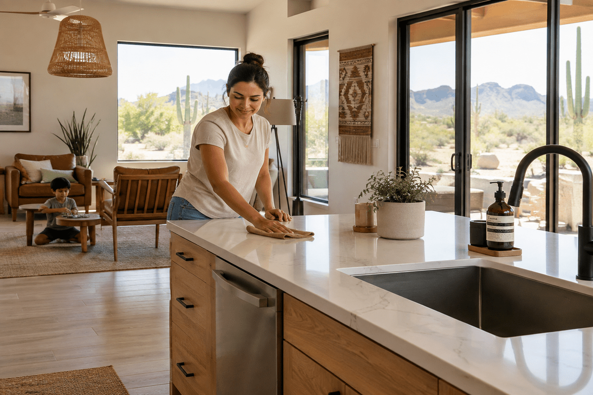 A busy Arizona parent wipes a bright kitchen counter while a child plays nearby in a tidy open-plan home, with a clean sink, neatly arranged appliances, and sunlight highlighting the freshly swept floor. The space feels calm, organized, and welcoming, capturing the relief of keeping high-use rooms clean without letting household chores take over the day.