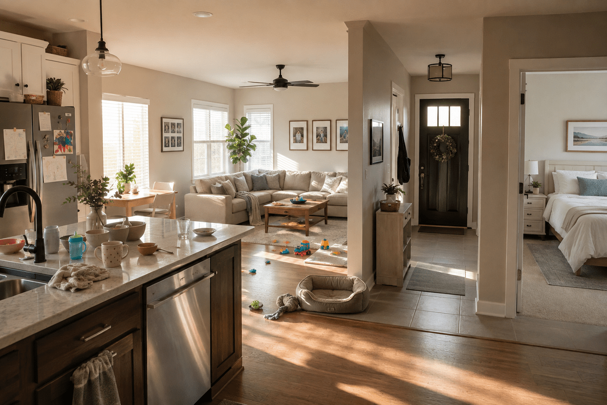 Modern family home in morning light showing a busy kitchen, lightly cluttered family room with pet bed and toys, tidy entryway, and pristine guest room in the background, illustrating how different spaces need different recurring cleaning frequency.